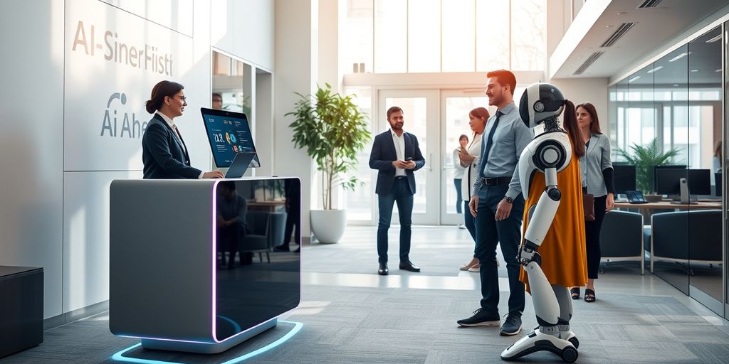 AI receptionist in a modern office lobby