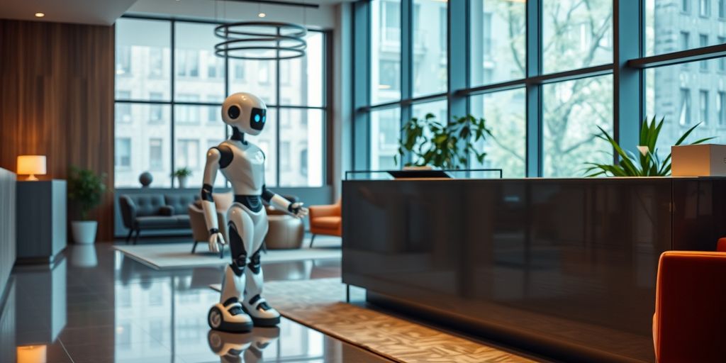 AI robot receptionist in a modern office lobby