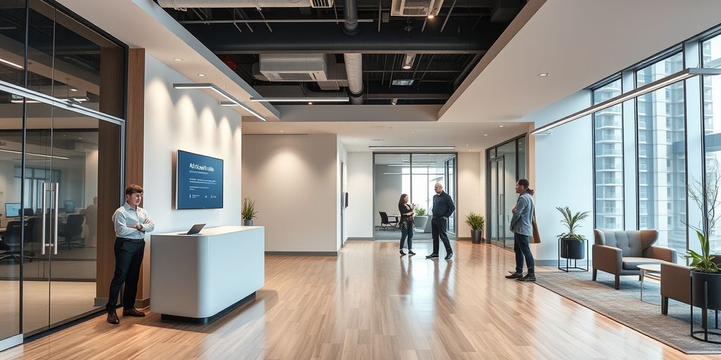 AI receptionist kiosk in a modern office lobby
