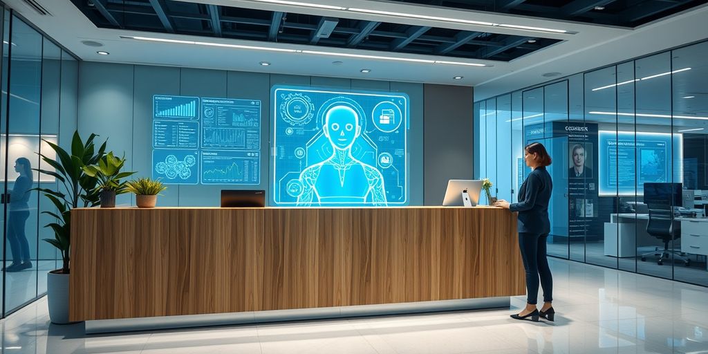 AI hologram assisting customer at modern office front desk