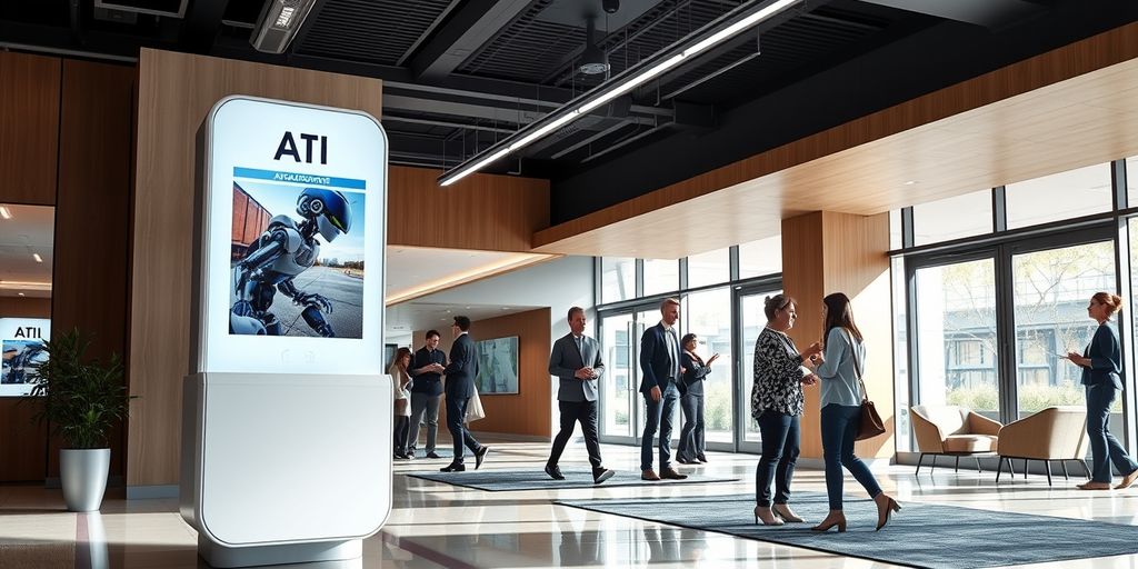 AI receptionist kiosk in modern office lobby.