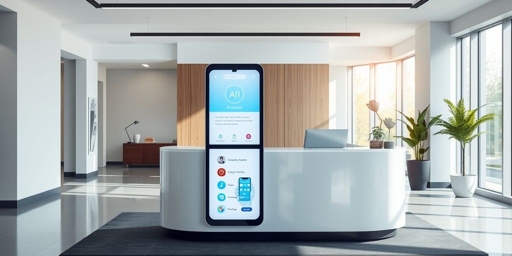 AI-powered front desk in modern office lobby