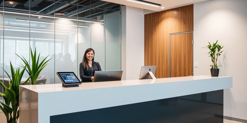 Modern office reception with receptionist and digital assistant