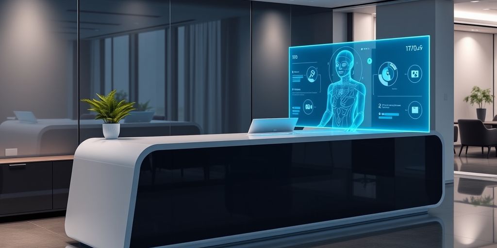 Modern office with AI assistant hologram
