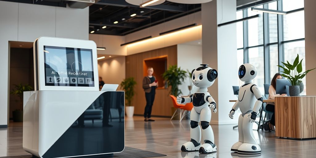 AI receptionist kiosk in a modern office lobby.