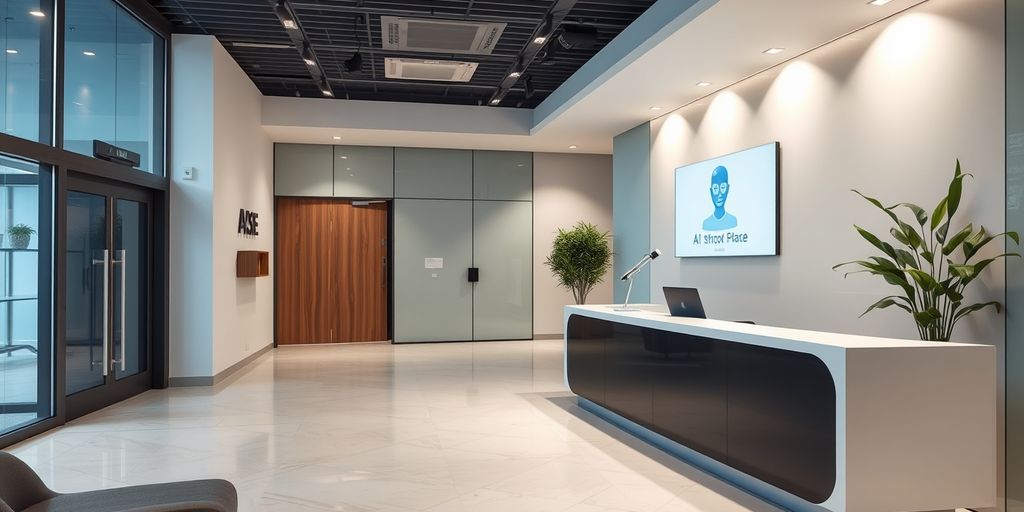 Modern office with AI assistant hologram.