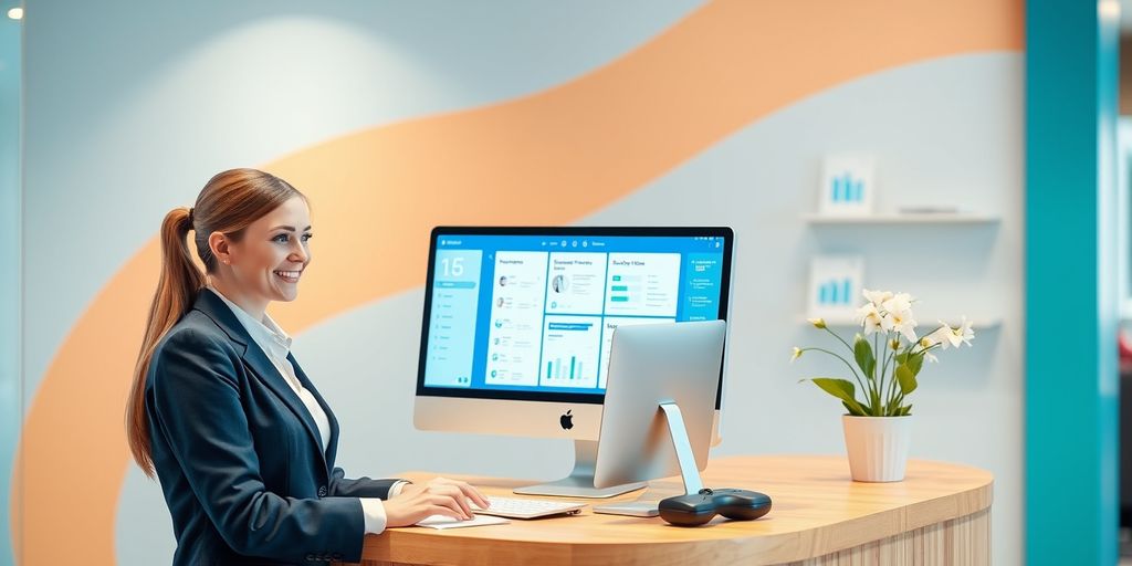 Receptionist using AI tools at front desk