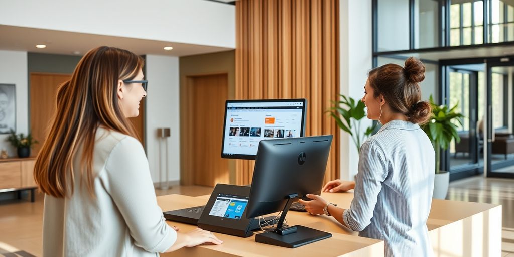 Receptionist using AI tools at front desk