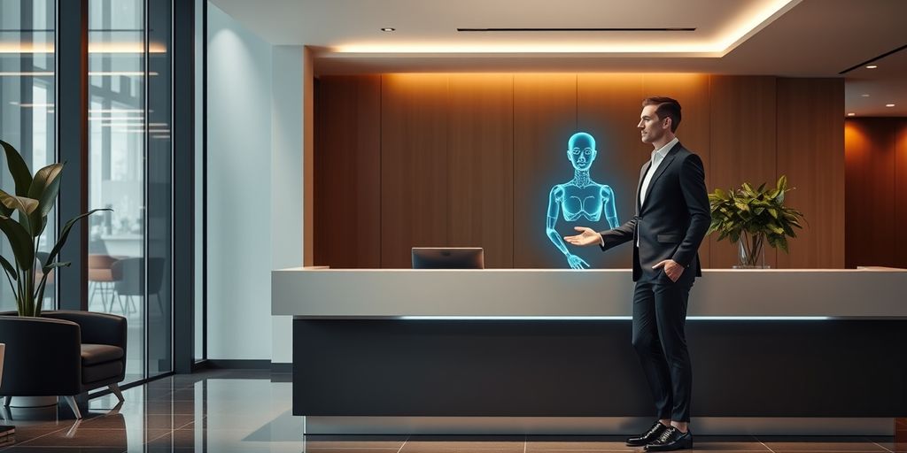 AI hologram receptionist in a modern office lobby.