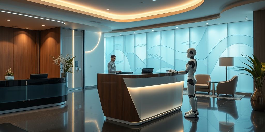 AI robot assisting guests at modern hotel lobby