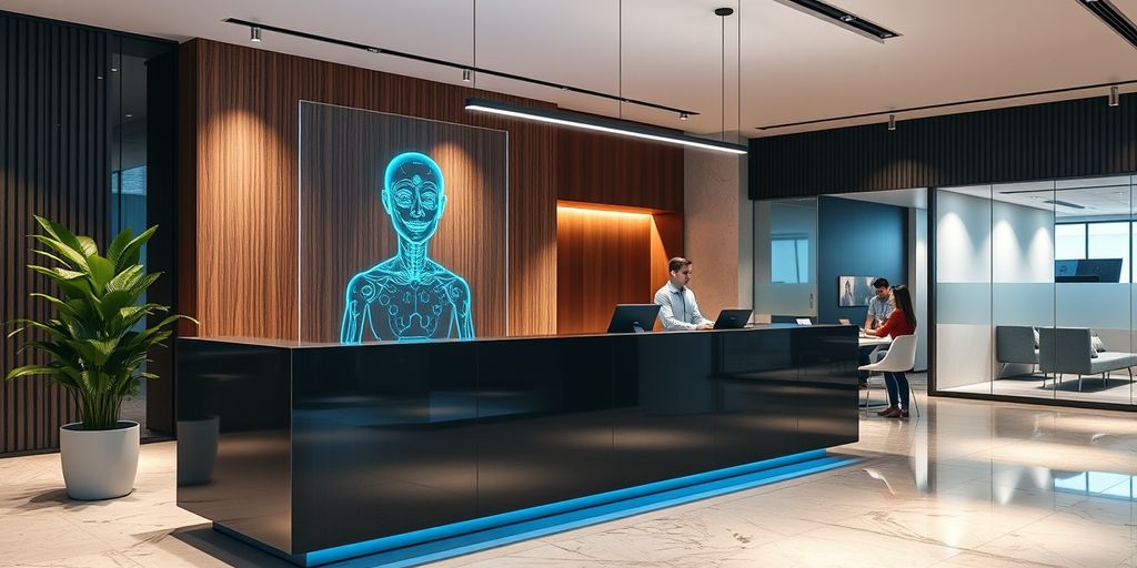 AI hologram greeting in office lobby