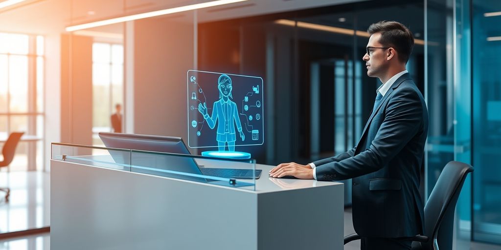 Virtual receptionist hologram assisting business professional