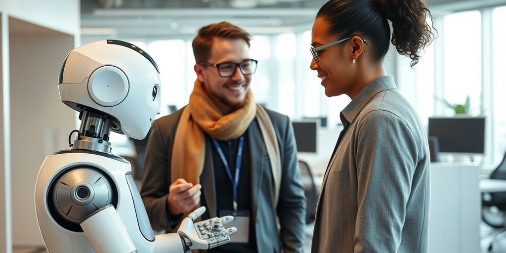 AI robot assisting customer in office