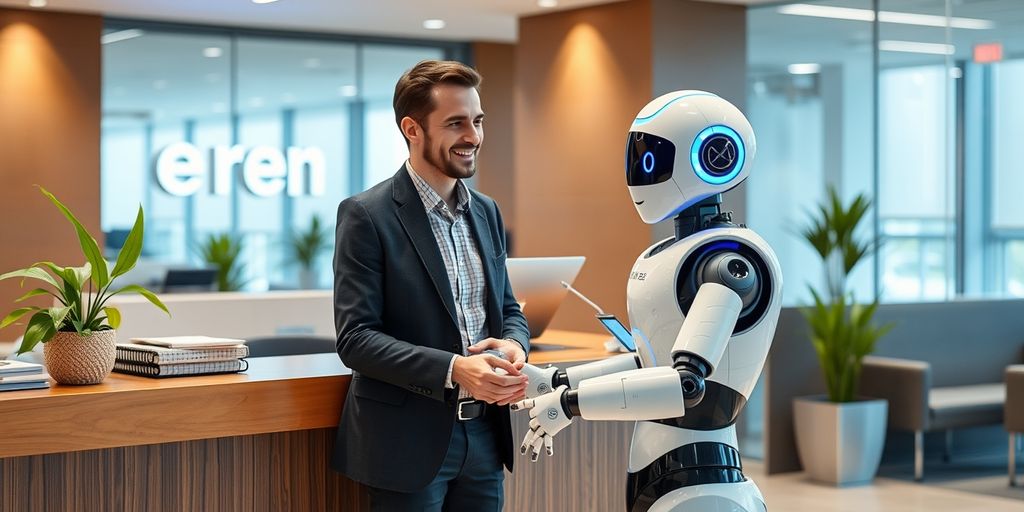 AI robot receptionist assisting a customer