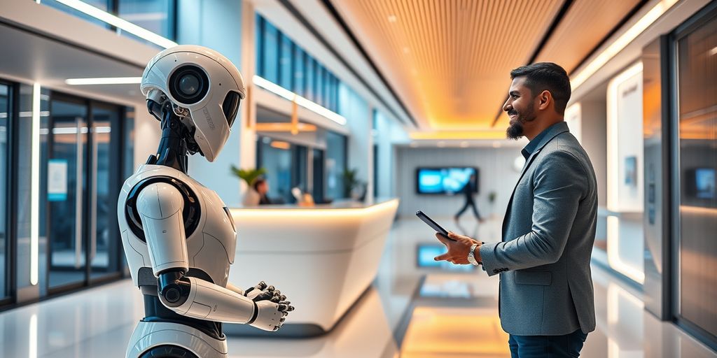 AI receptionist robot assisting customer in modern office