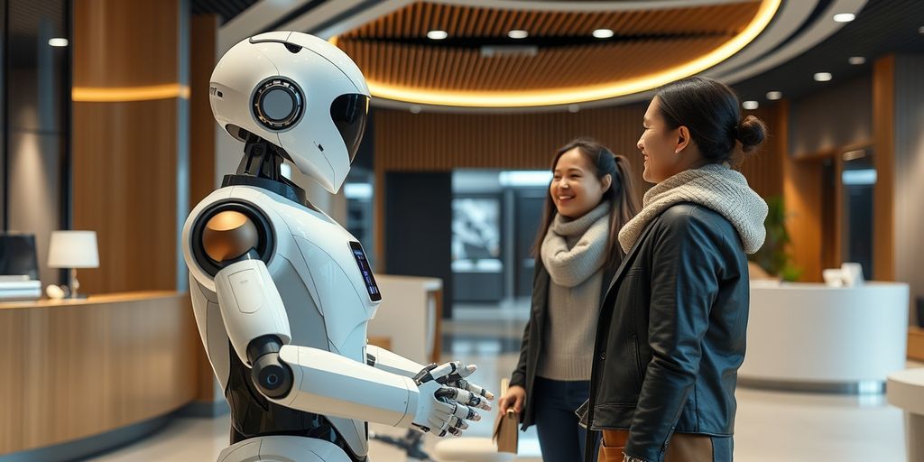 AI receptionist assisting customer in modern office lobby