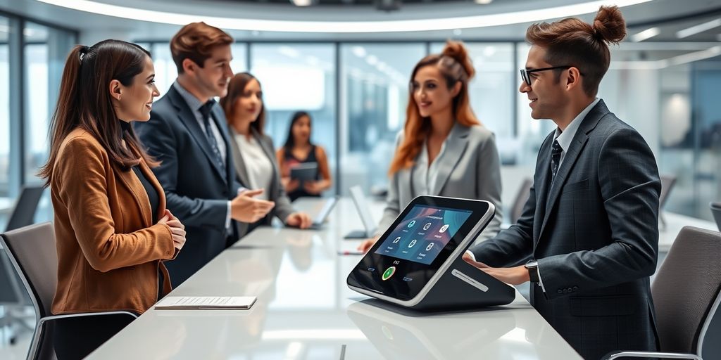 AI auto attendant in modern office with professionals