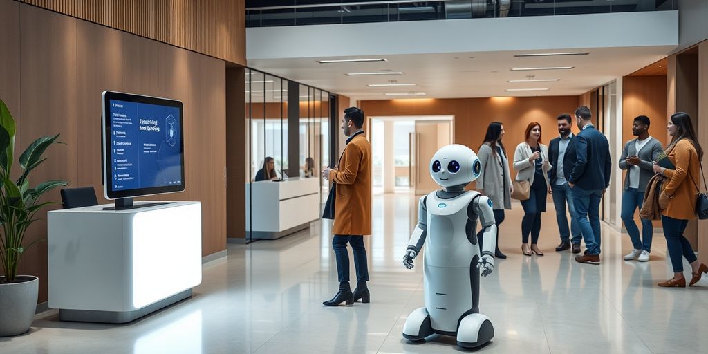 AI receptionist in modern office lobby with people.