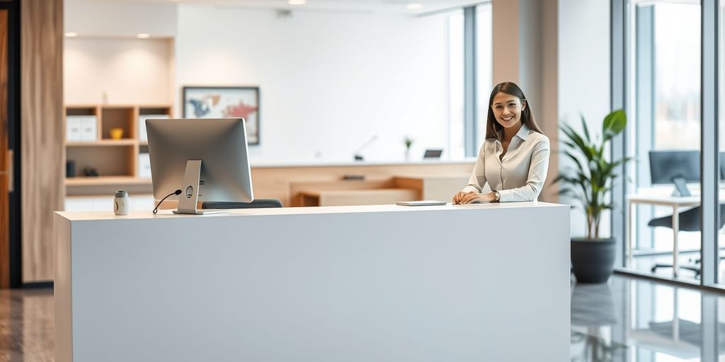 Modern office reception with a friendly receptionist