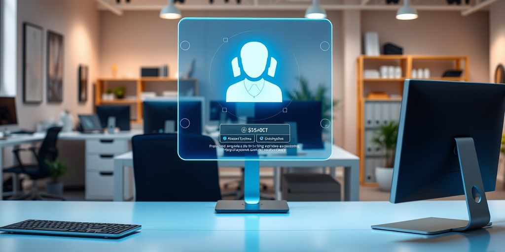 Modern office with AI assistant hologram