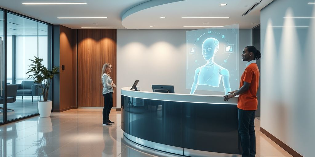 Modern office reception with AI assistant hologram