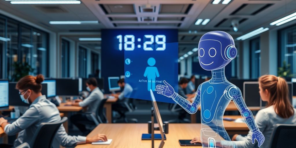 Office with AI assistant and digital clock