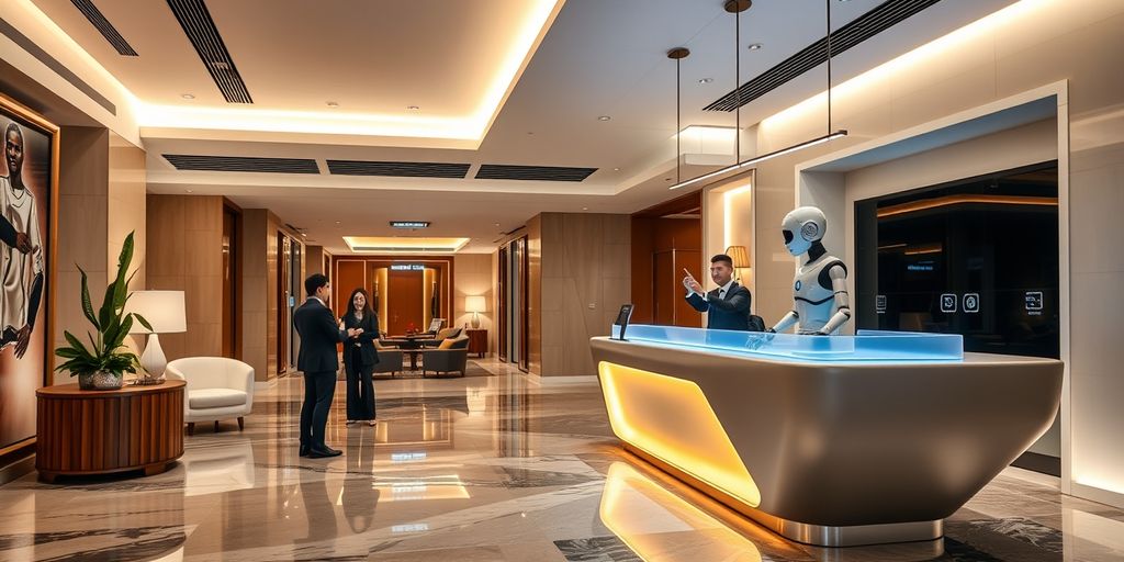 AI robot assisting guests in a modern hotel lobby.