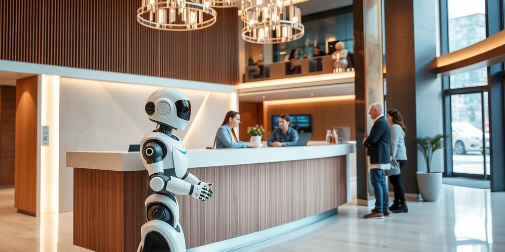 AI robot greeting guests in a hotel lobby.