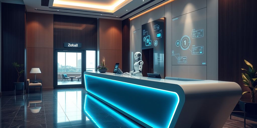 AI-powered reception desk in a modern hotel lobby
