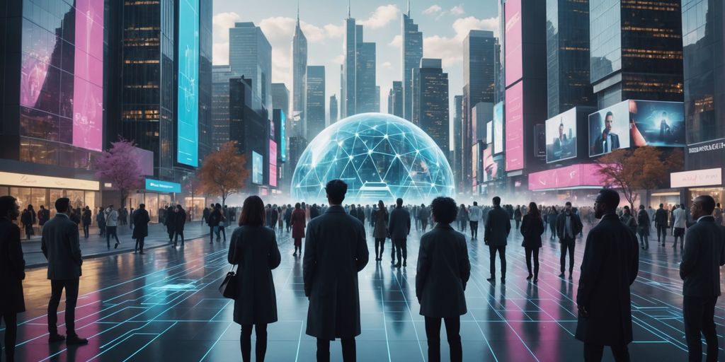 Futuristic city with people and AI holograms.