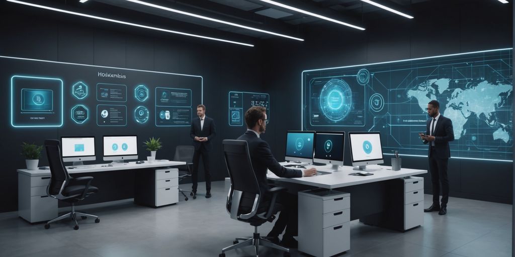 AI holograms managing voicemails in a futuristic office