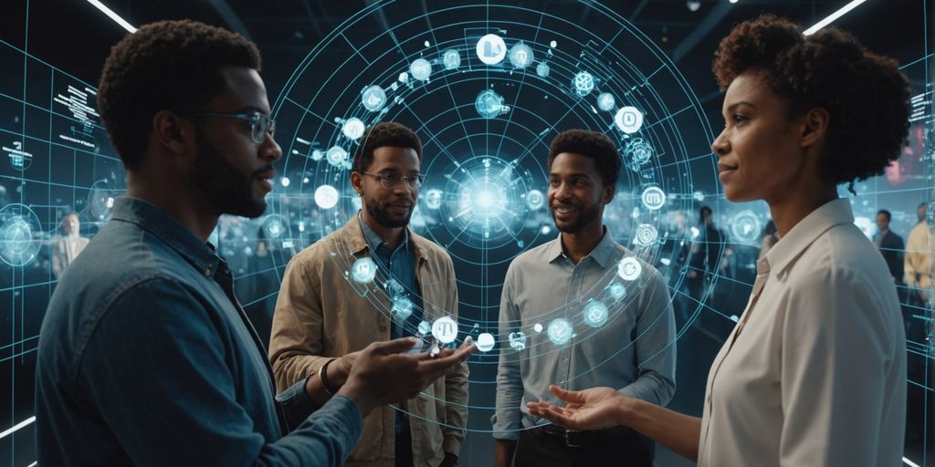 Diverse group interacting with AI interface.