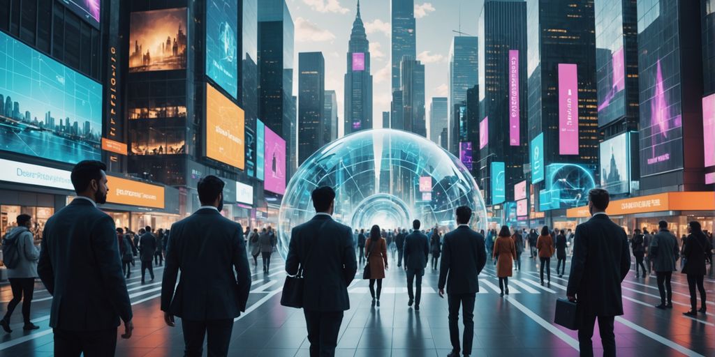 Futuristic city with AI holograms and diverse people.