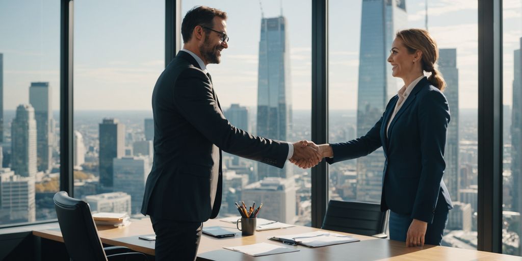 Business professional shaking hands with client in office.