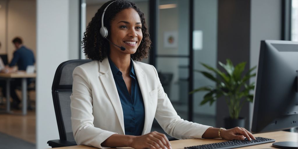 AI receptionist assisting a customer at a modern office.