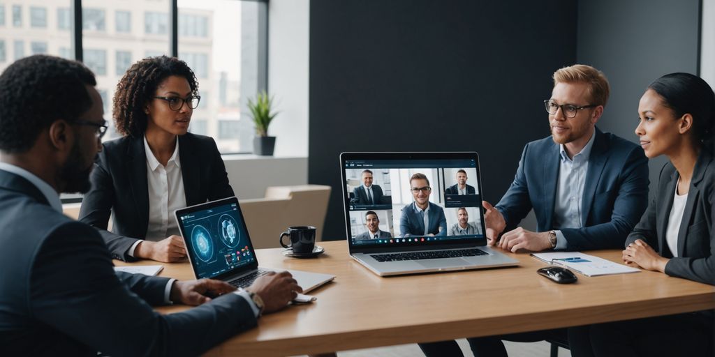 Business meeting discussing AI software strategies.