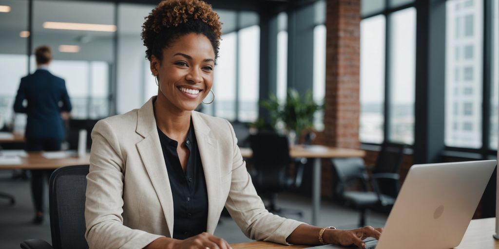 Businesswoman using virtual receptionist software on a laptop.