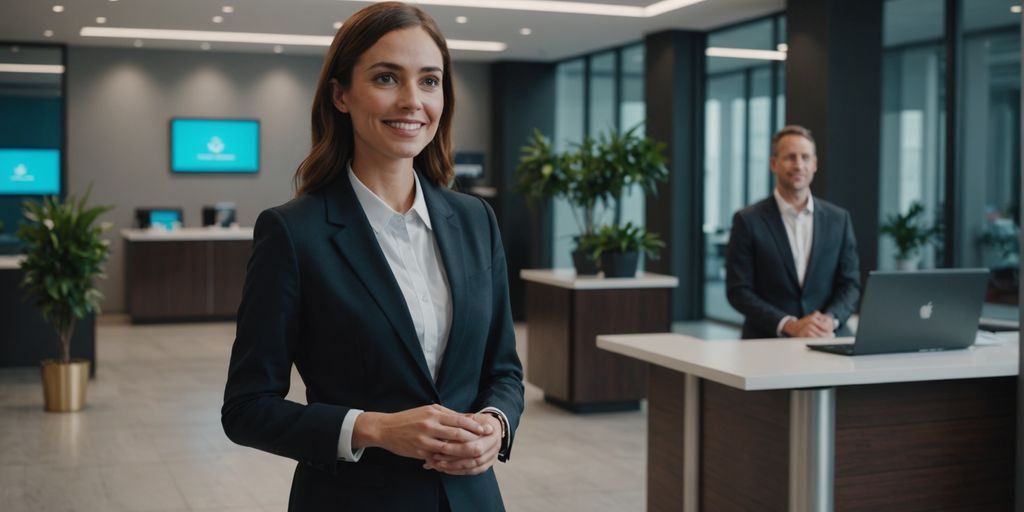 AI receptionist hologram greeting in modern office lobby