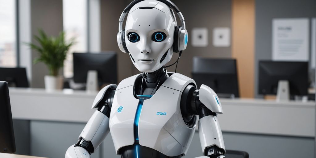 AI robot receptionist at office desk with headset