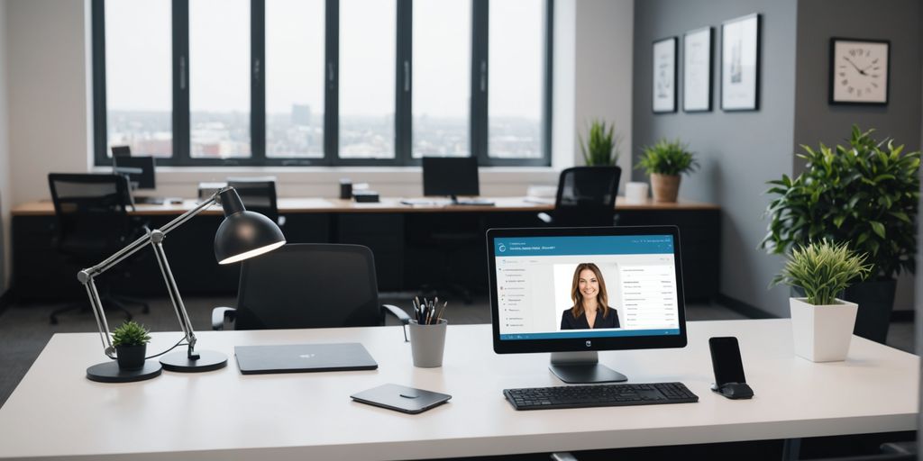 Office desk with computer and phone