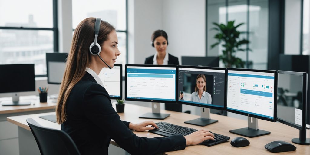 Virtual receptionist on computer in office.