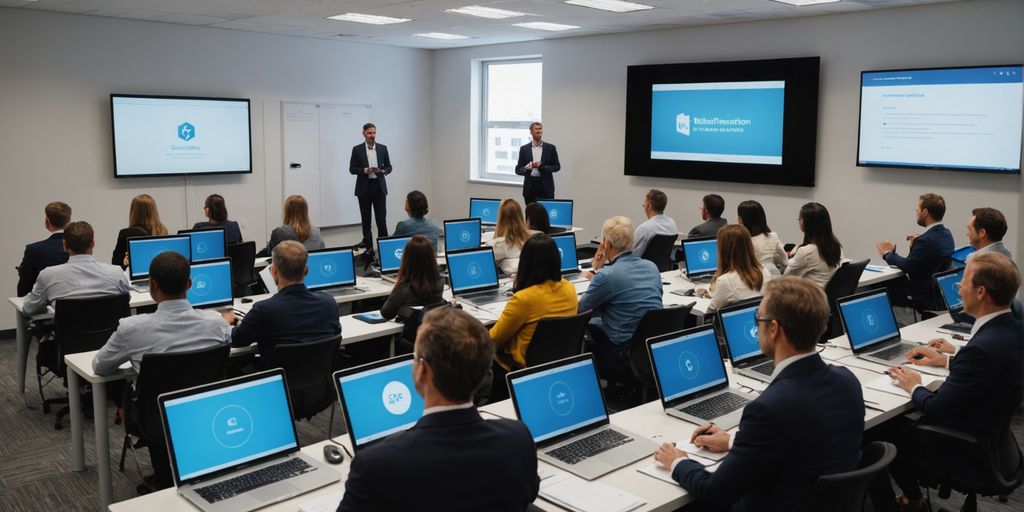 Diverse group in business training session.