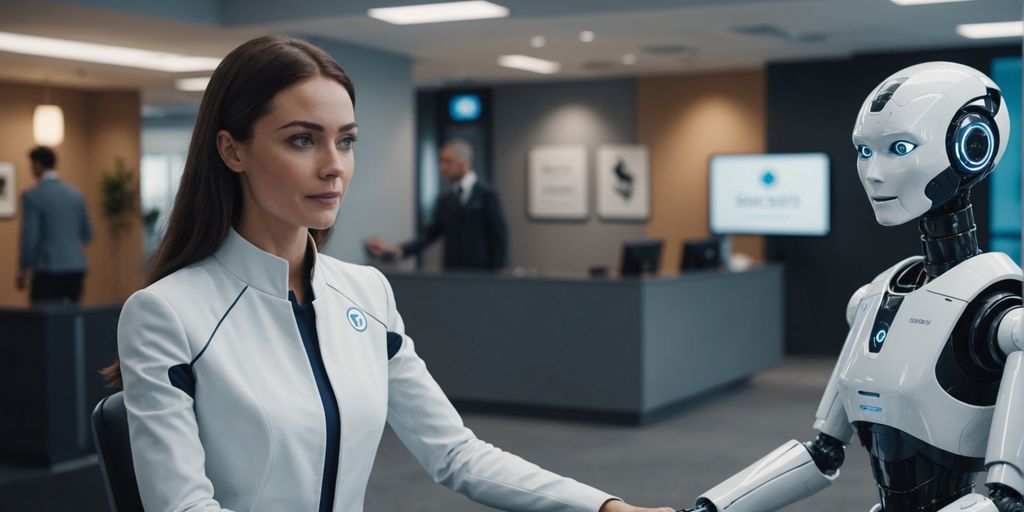 Humanoid robot receptionist assisting a human customer.