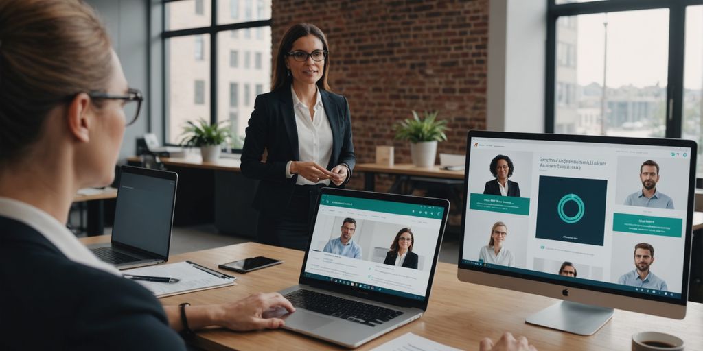 Businesswoman presenting virtual assistant platform to colleagues.