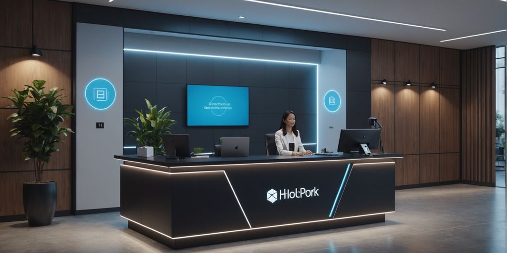 AI hologram assistant in office reception area