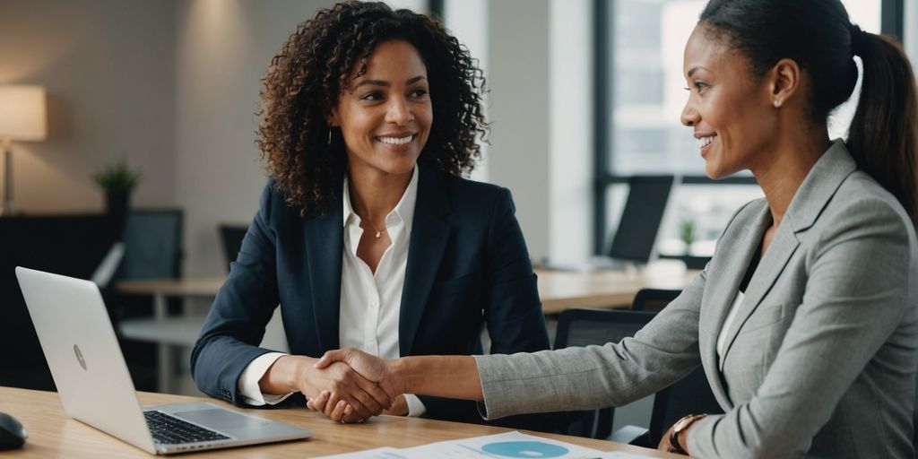 Businesswoman shaking hands with client in modern office.