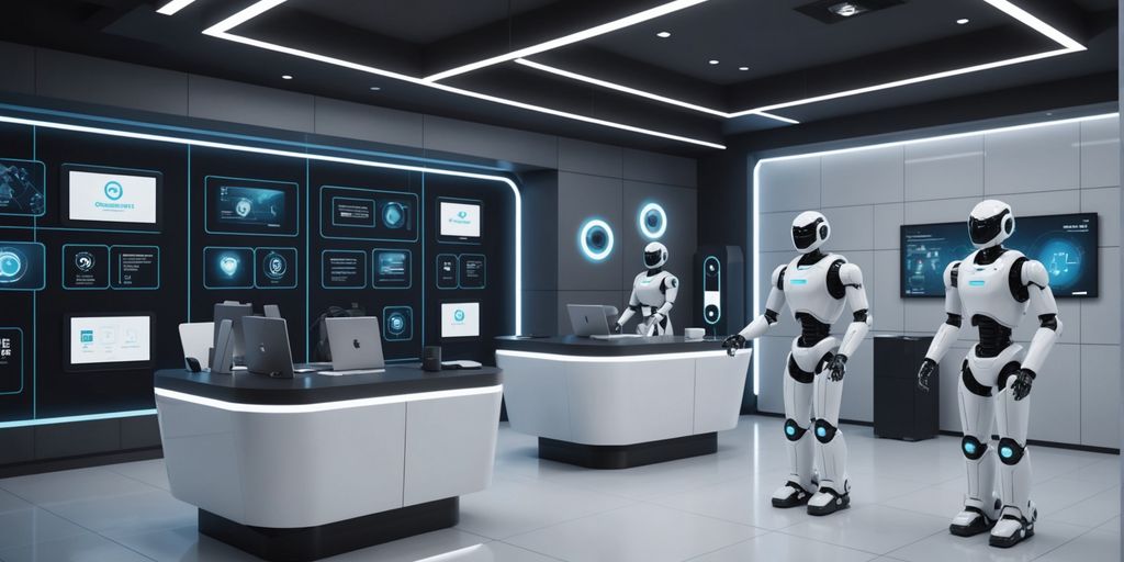 AI robots assisting customers in a modern service center.