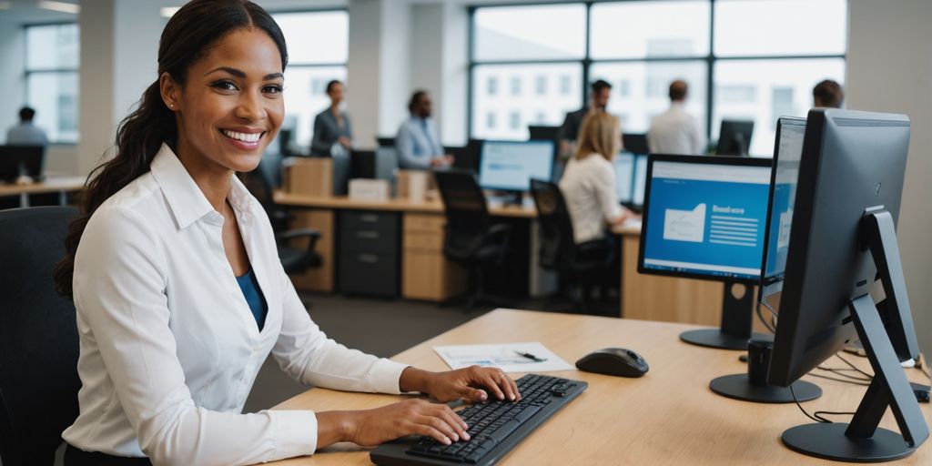 Receptionist in modern office using computer