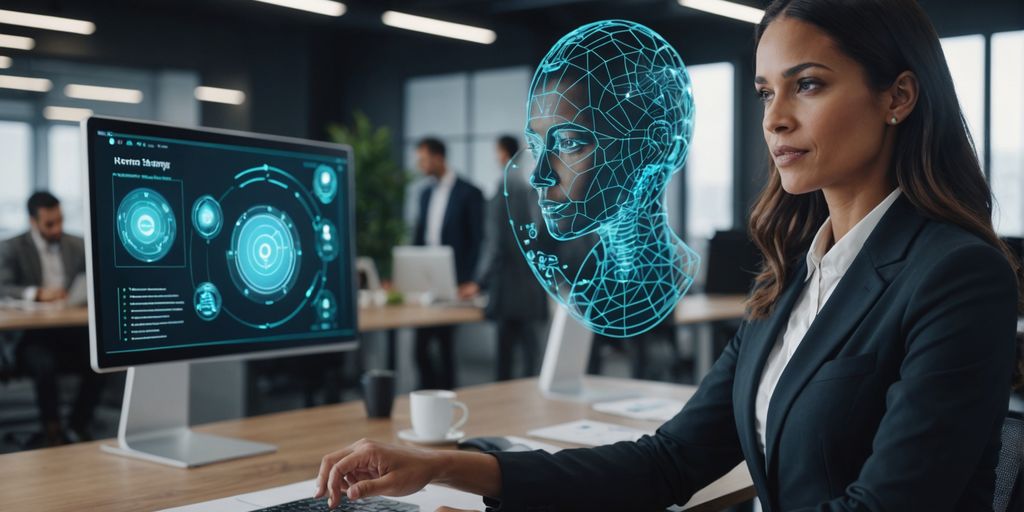 Businesswoman with AI holographic interface