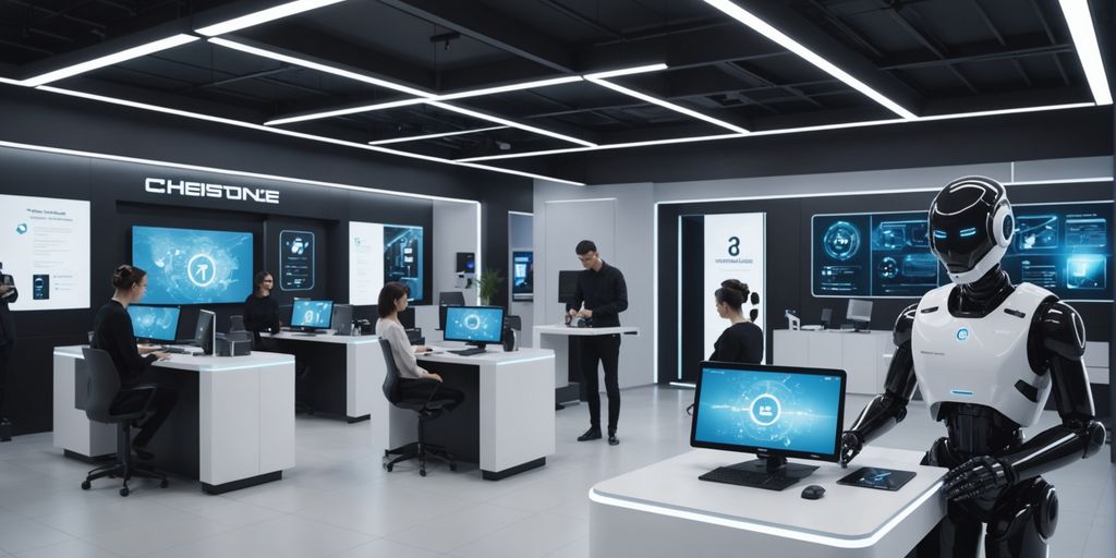 AI robots assisting customers in a modern center